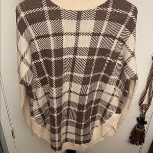 LOFT Plaid Knit Poncho in Cream and Brown